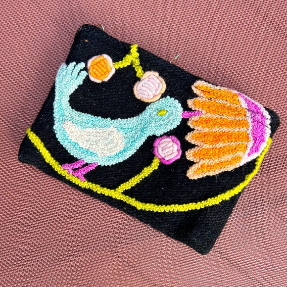 Jenny Krauss Fair Trade Embroidered Zipper Pouch Bird and Flower on Black - Picture 1 of 5